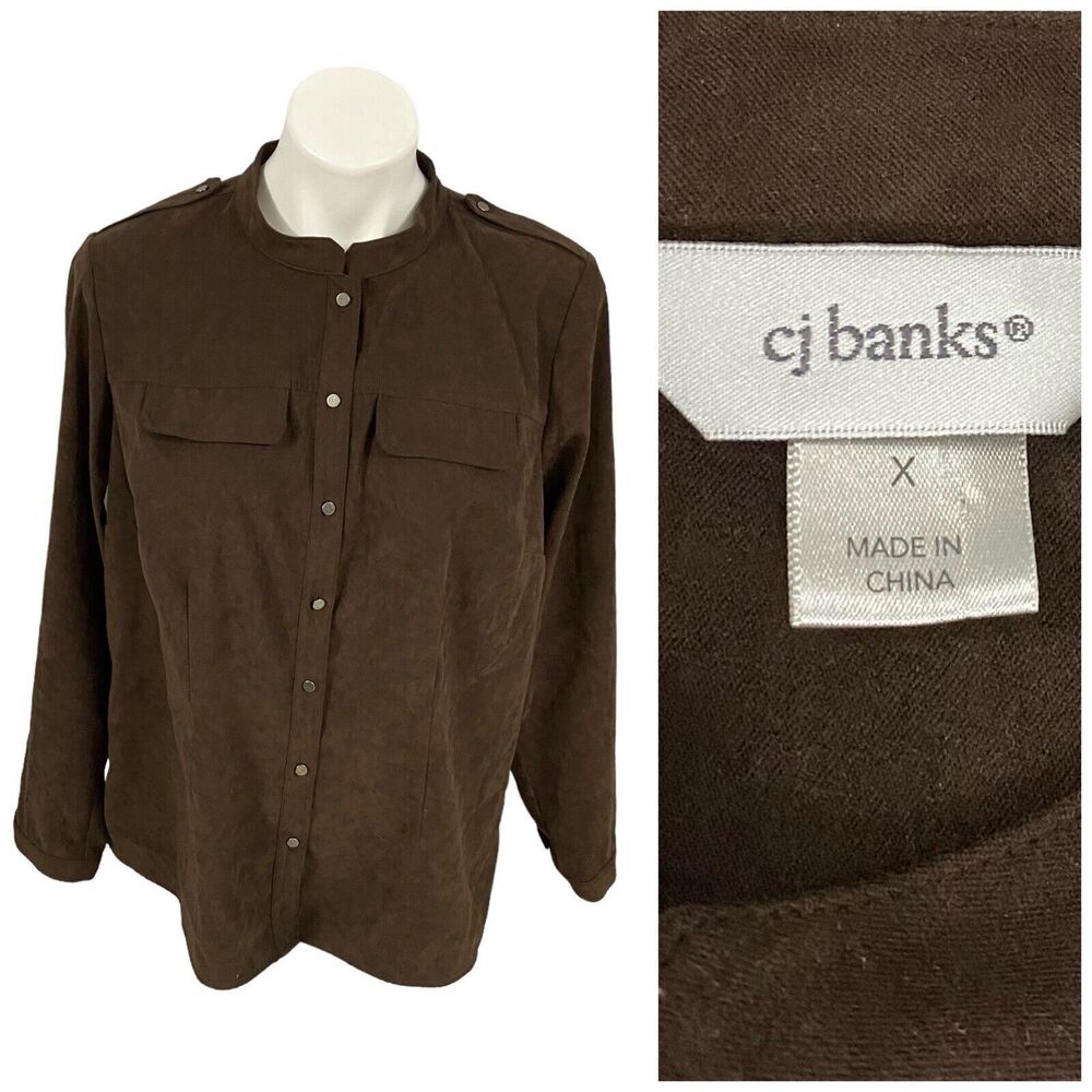 CJ Banks Shirt Jacket Womens Size X Brown Faux Suede Epaulet Work Office Utility